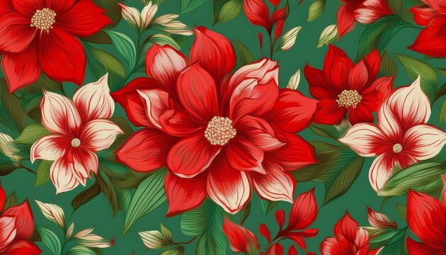 red flower seamless pattern on green background decorative wallpaper and backdrop