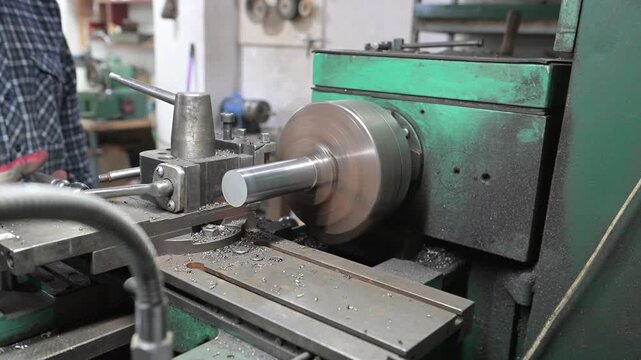 The lathe is located in the production hall. An electric lathe removes a layer from a piece of metal covered with rust, giving a picture of the product. Manufacture of metal products.