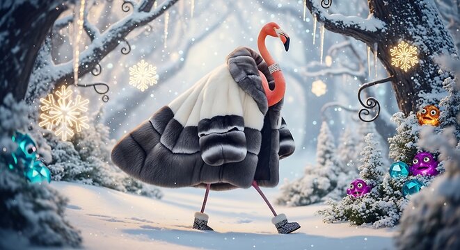 Whimsical flamingo riding a black ostrich in a dreamy fantasy background