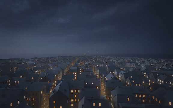 Winter cityscape at night with snow covered rooftops and illuminated streets
