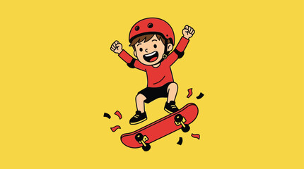 Kid on skateboard with protective gear celebrating © Alifia