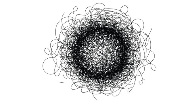 Complex abstract design of a dense black scribble circle made from tangled lines on a stark white background.