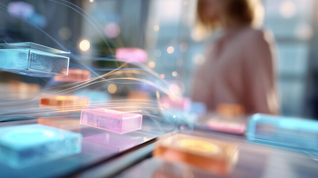 A glowing softly defocused customer journey hologram with floating touchpoint tiles drifts above a clean bright pastel platform, customer journey, faceless concept, soft pastel, gl