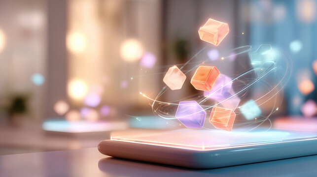 A glowing softly defocused customer journey hologram with floating touchpoint tiles drifts above a clean bright pastel platform, customer journey, faceless concept, soft pastel, gl
