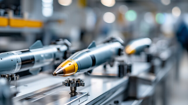 Precision manufacturing of military drones, engineers are mounting military drone missiles, with a clean and bright modern production line in the background. 