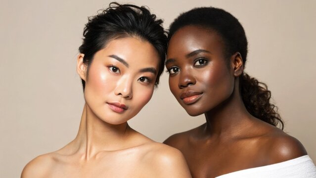 Two women with different skin tones pose closely, showcasing natural beauty and diversity against a neutral background.