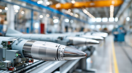 Naklejka premium Precision manufacturing of military drones, engineers are mounting military drone missiles, with a clean and bright modern production line in the background. Close up,, stock photo