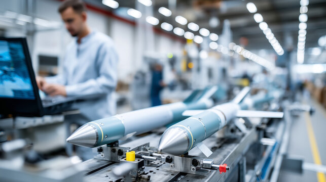 Precision manufacturing of military drones, engineers are mounting military drone missiles, with a clean and bright modern production line in the background. Close up,, stock photo