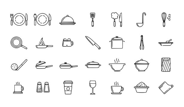 A kitchen cooking and tableware icon set designed in a compact 320 x 260 layout with clean minimalist vector style and consistent 2px editable strokes. Includes plates, bowls, cups, frying pans, sauce