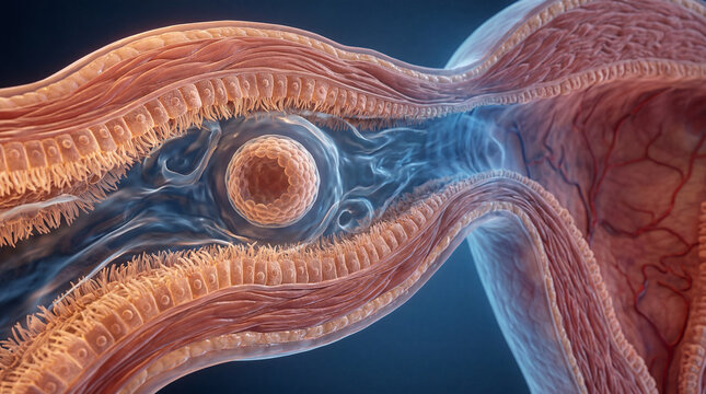 Delicate journey of an early embryo through the Fallopian tube, propelled by gentle ciliary movements, a microscopic marvel of human genesis