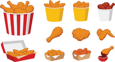 Crispy Fried Chicken Fast Food Collection Featuring Wings, Drumsticks, Nuggets, Buckets, and Takeaway Snack Vector Illustration Set for Restaurants © MstSuborna