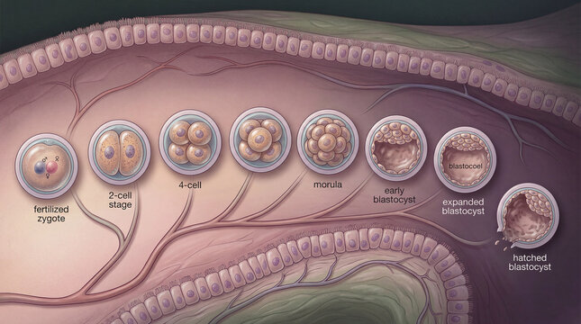 Journey of nascent life unfolding, from a singular fertilized zygote to an emerging blastocyst, revealing early human cellular marvels