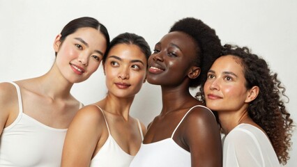 Obraz premium Four diverse women in white tops pose closely together, showcasing natural beauty and unity with a neutral background.