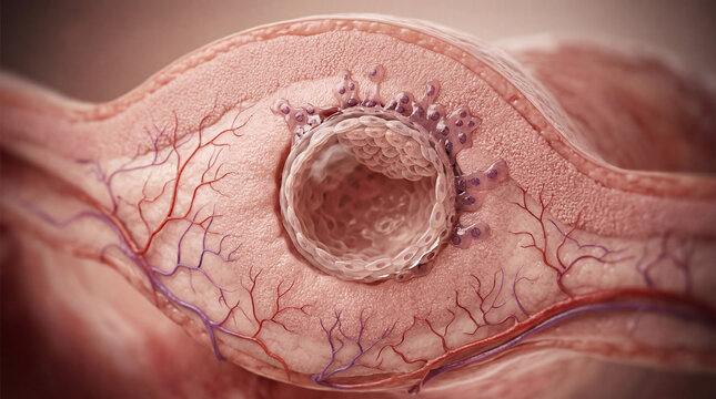 Intricate cellular journey of a burgeoning life, gently nestling within the uterine embrace, establishing its vital connection