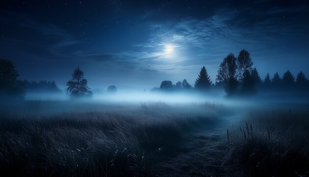 mysterious night in foggy field a cinematic scene