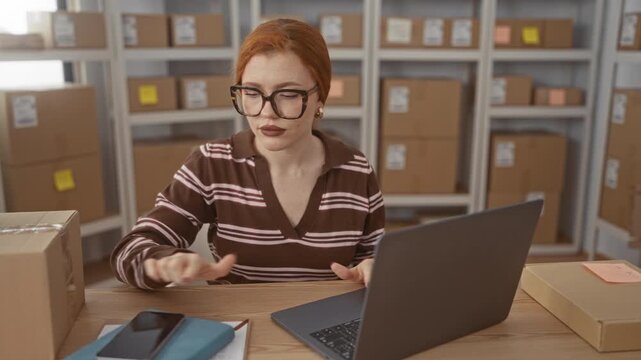 Redhead woman typing on laptop, hands raised in a celebratory stretch at packing desk in building; small business satisfaction.