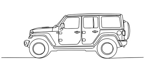 Single one line drawing classic 4x4 SUV rendered with iconic square windows and high-clearance wheel arches. continuous single hand drawn line of jeep wrangler car. Adventure off road rally vehicle. © Gerish