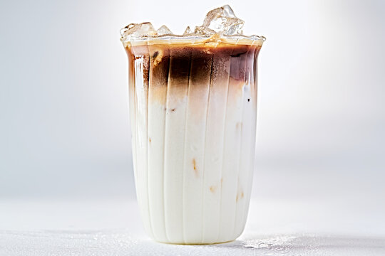 A close-up of a layered iced coconut latte in a glass.