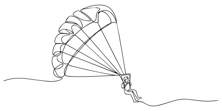 rave person is paragliding, suspended high beneath fully inflated chute continuous line drawing, flying low over a slope, thrill and airborne freedom. Single line draw design vector graphic illustrat
