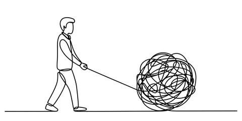 Man pulling a tangled mess with a rope line art © Ponchomy