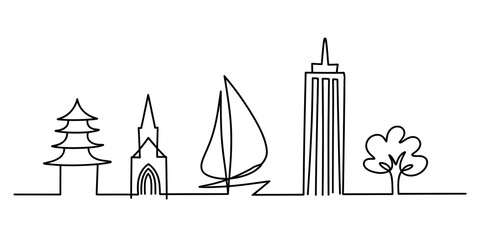 Obraz premium Continuous one line drawing of city icons and travel symbols