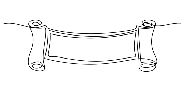 Continuous single line drawing of an old paper scroll banner