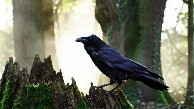 A powerful common raven with iridescent jet-black feathers lands majestically on a moss-covered ancient stump in a primeval woodland, cawing. Cinematic video with soft golden light and ethereal mist.