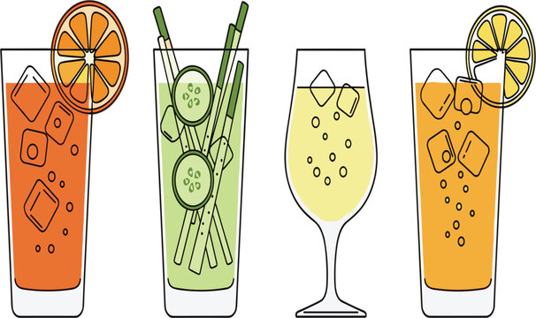 Refreshing cocktail and juice drink collection with ice fruit garnish cartoon vector illustration set for summer menu