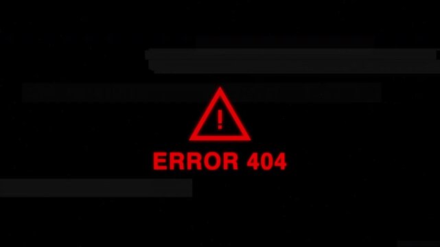 Glitchy Error 404 Screen with Warning Icon, System Failure, Page Not Found, Digital Distortion, Cyber Security Alert, Technical Issue Animation 4k video