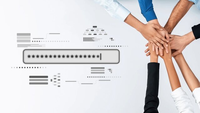 This image captures diverse hands coming together in a display of teamwork and collaboration against a digital backdrop, symbolizing unity in the workplace. Raster