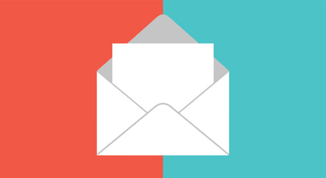 Simple flat design illustration of an open white envelope with a blank letter on a split red and teal background.