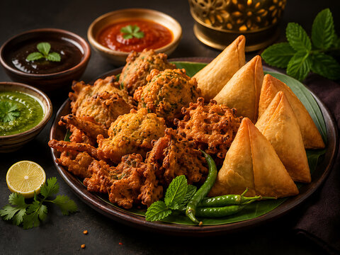 Elegant arrangement of Indian snacks including pakora and samosa