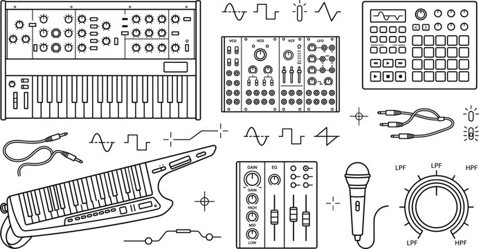 Synthesizer and Electronic Music Gear Vector Set with Keytar Modular Eurorack Mixer Sequencer and Audio Waveforms