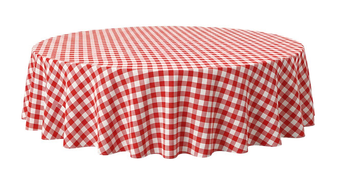 Red and white gingham tablecloth round shape isolated on transparent background