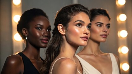 Obraz premium Three diverse women with elegant makeup and hairstyles pose confidently against a blurred background with warm lights.