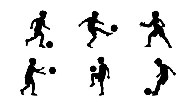 Children Playing Soccer Silhouettes, Active Kids Football Graphics, Dynamic Youth Sports Vector Set