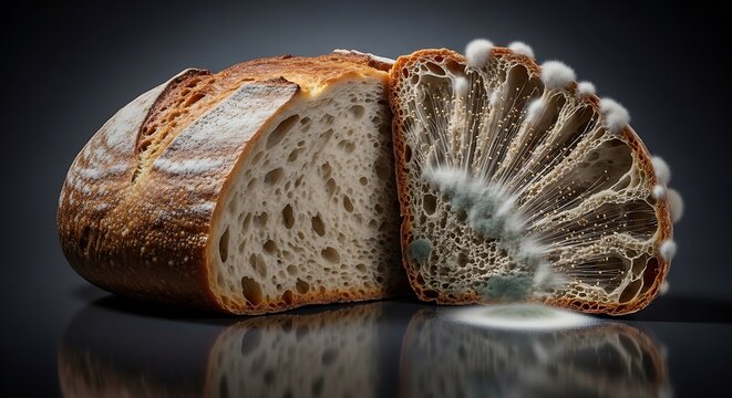 Sourdough bread loaf cut in half with mold growth on the interior