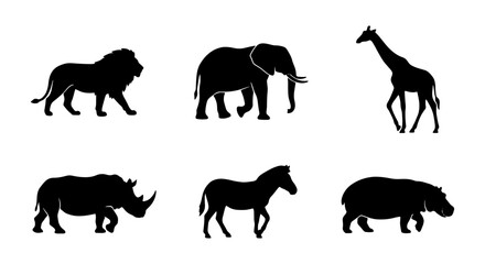 African Safari Animals Silhouette Set, Lion, Elephant, Giraffe, Rhino, Zebra, Hippo © Rashed