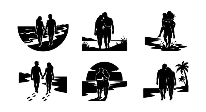 Couple Silhouette Vector Icons, Romantic Beach Sunset Scenes, Love and Togetherness Graphics