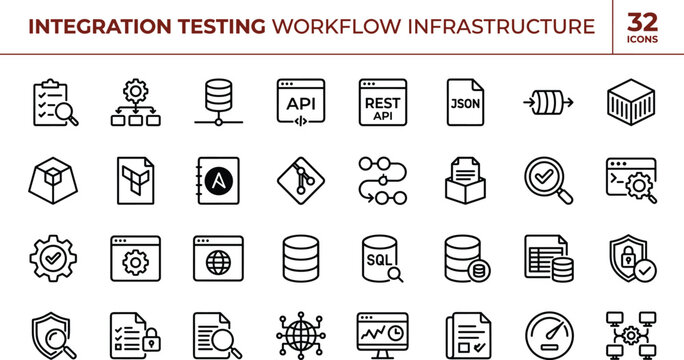 Integration Testing Workflow Infrastructure Icons Set for Application Validation and Enterprise System Development Processes