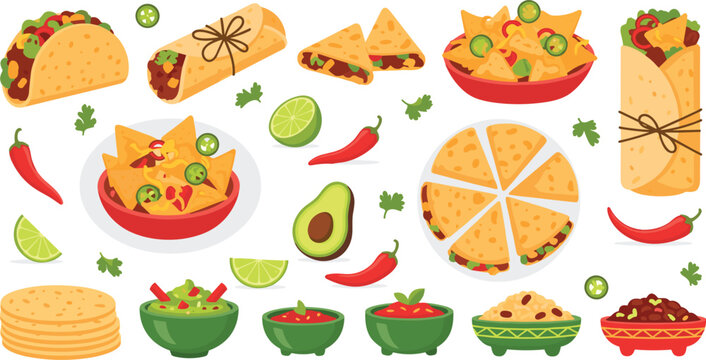Traditional Mexican Food and Tex Mex Icon Set with Flat Vector Illustrations of Tacos Burritos Quesadillas and Nachos for Restaurant Menu Designs