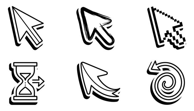 Mouse Cursor Arrow Icons Black and White Outline Vector Se