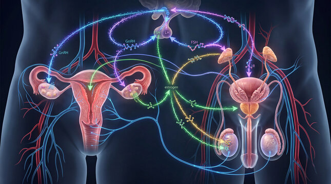Unveiling the intricate hormonal symphony governing human male and female reproductive systems through vibrant pathways