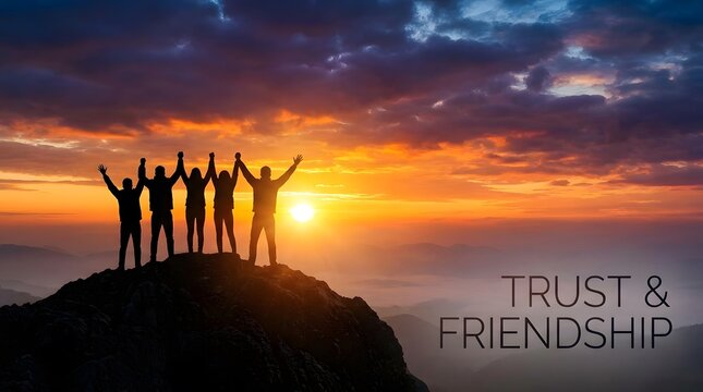 Team victory silhouette celebrating success on a mountain peak at sunset