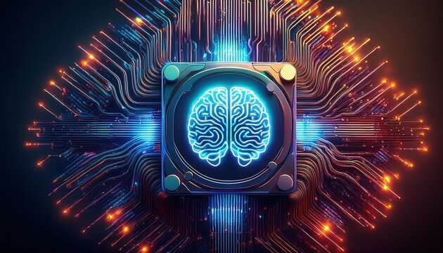 glowing digital brain on a computer chip artificial intelligence