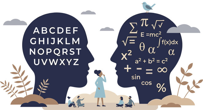 Human Intelligence and Psychology Concept Illustration with Left and Right Brain Silhouettes Representing Language Arts and Mathematical Logic Education