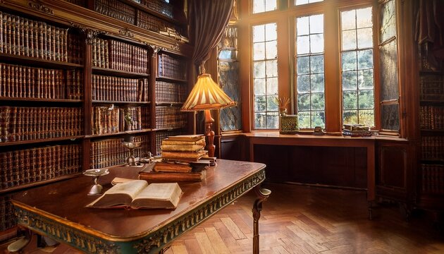 old fashioned study room with antique books and warm light