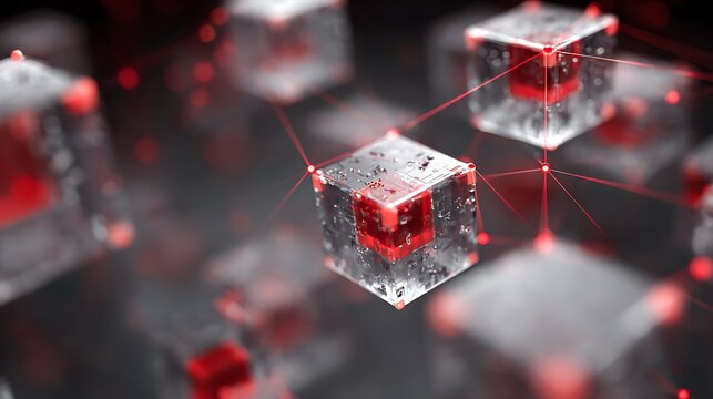Transparent, connected cubes with internal red highlights and linked by red lines, on a dark gradient