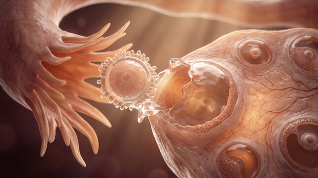 Delicate moment of life's genesis showing a mature ovum gracefully emerging from the ovary, ready for its wondrous journey