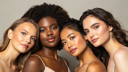 Obraz premium Four diverse women with radiant skin pose closely together, showcasing natural beauty and confidence against a neutral background.